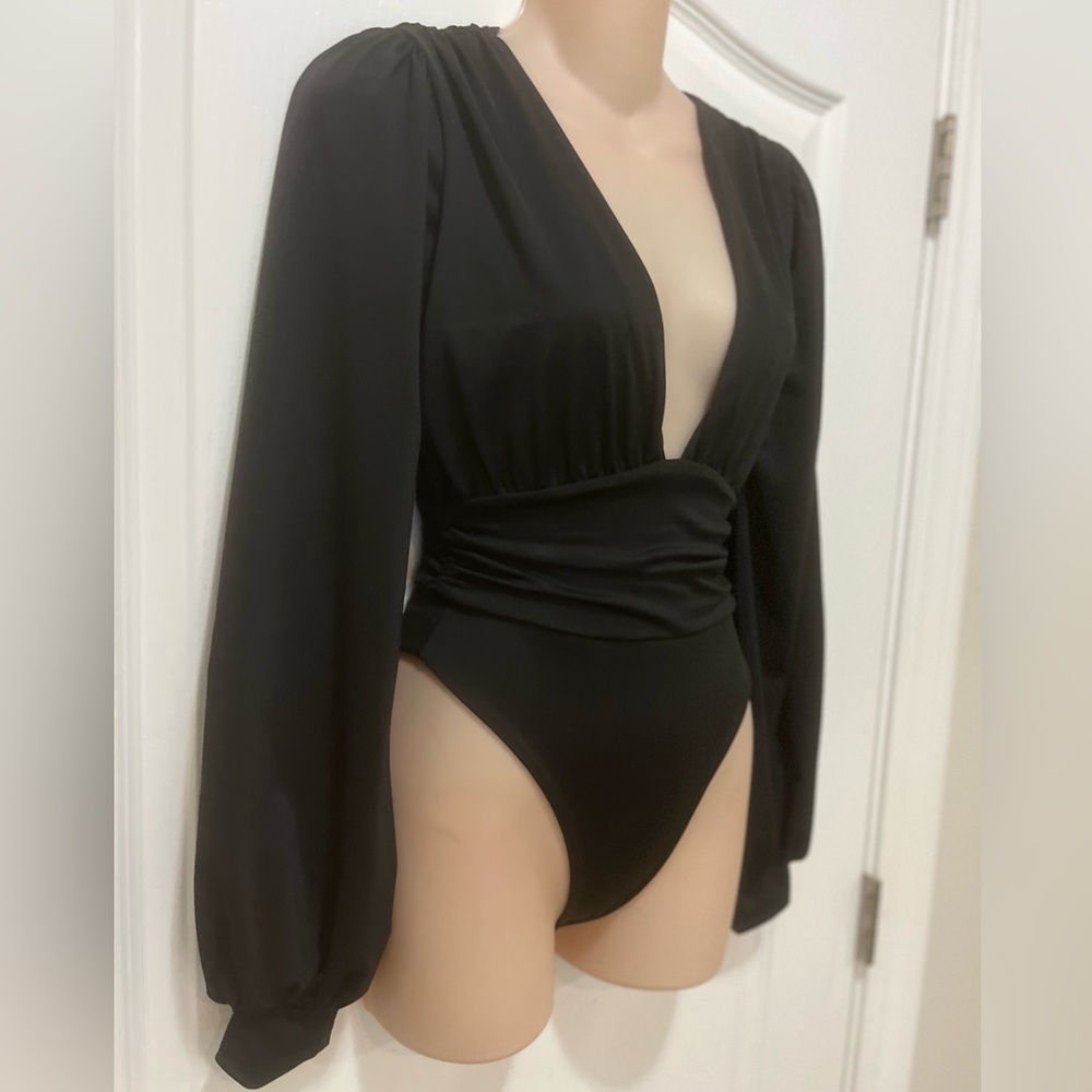 Women's Black Deep V Long Sleeve Bodysuit - Picture 5 of 11